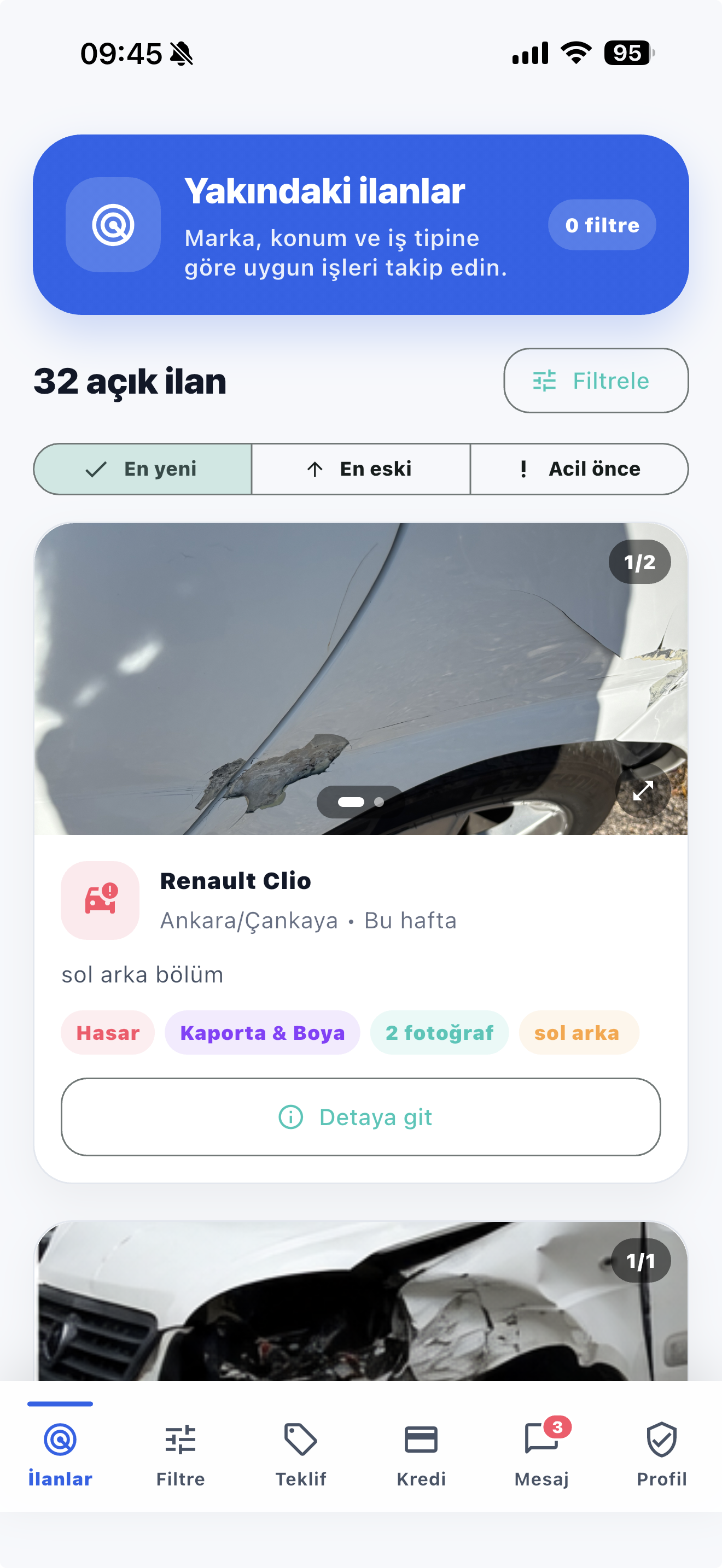 Hasar Ne tamirci uygulamasında yakındaki araç ilanları ekranı